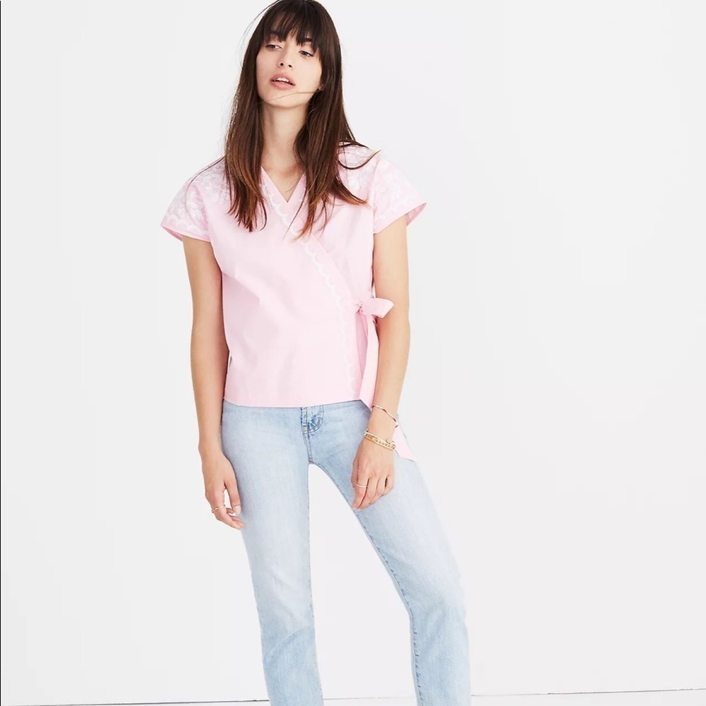 Madewell XL Embroidered Side-Tie Wrap Top blouse pink - Picture 3 of 10